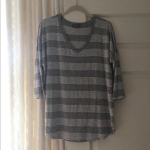 Grey and White Striped V-Neck Sweater
